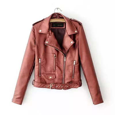 Buy 🔥Womens Biker Jacket Slim Ladies Faux PU Leather Zip Formal Coat Plus Size 6-16 • 25.08£