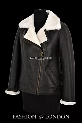 Buy Women Sheepskin Jacket White 100% Real Shearling Fur Pilot Warm Bomber Jacket • 239.99£