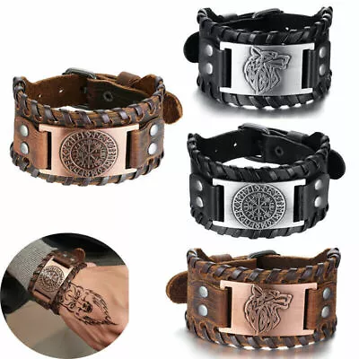 Buy Mens Viking Wide Leather Bracelet Wristband Vegvisir/Wolf Adjustable Bangle Gift • 2.49£