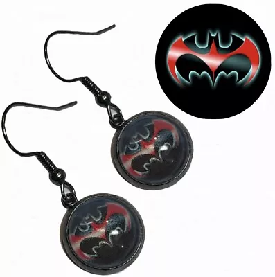 Buy New Batman Red & Black Logo Pair Cabochon Glass Dangle Earrings • 8.99£