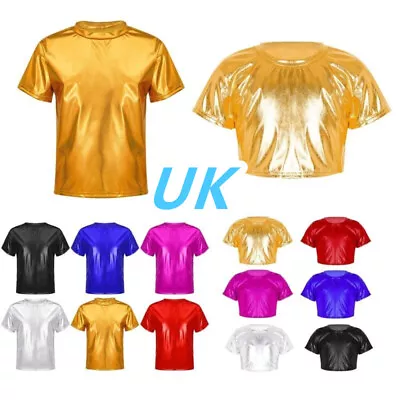 Buy UK Kids Boys Girls Shiny Metallic T-Shirts Tops Round Neck Crop Tops Streetwear • 7.49£