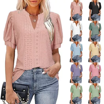 Buy Womens V Neck Lace T-Shirt Tops Puff Sleeve Summer Casual Blouse Plus Size 20 • 3.89£