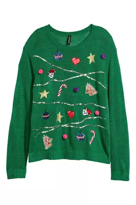 Buy H&M Green Christmas Jumper Candy Canes Stars Pom Pom Unicorn Sequin Embroidered • 14.99£