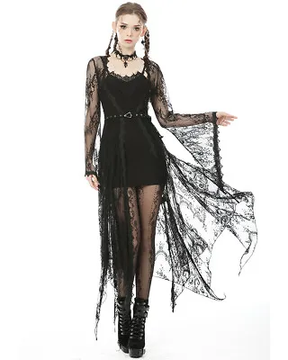 Buy Dark In Love Womens Long Sheer Lace Gothic Witch Gown Dress Jacket Black Belted • 49.99£