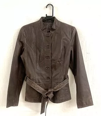 Buy M&Co Brown Genuine Leather Collarless Belted Classic Style Jacket Size 12 • 14.99£