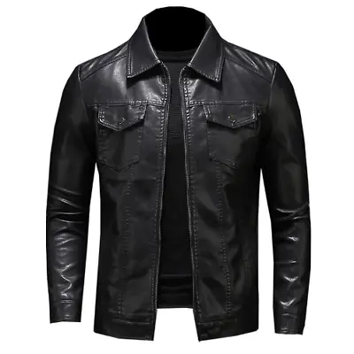 Buy Men Motorcycle Leather Jacket Pocket Zipper Lapel Slim Fit  High Quality Pu Coat • 95.12£
