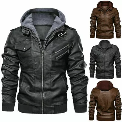 Buy Anarchist Men Leather Jacket Hooded Motorcycle Coat Biker PU Jacket Outwear  • 37.18£