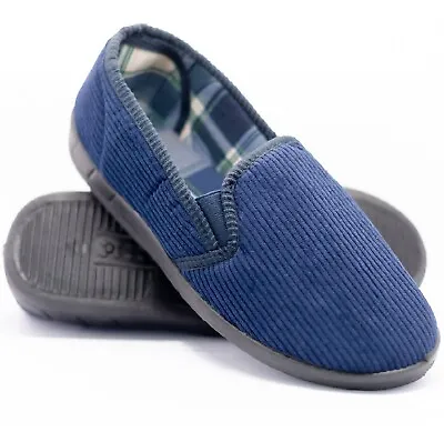 Buy Mens Gents Hard Sole Comfy Slip On Navy Striped Warm Indoor Slippers Shoes Size • 8.95£