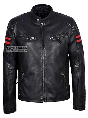Buy Men Real Leather Jacket Black With Red Stripes Zip Retro Racing Biker Style 4185 • 41.65£