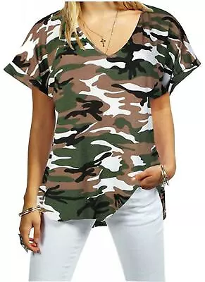 Buy Womens T Shirt Ladies Oversized Baggy Printed Top Loose V Neck Turn Up Batwing • 9.99£