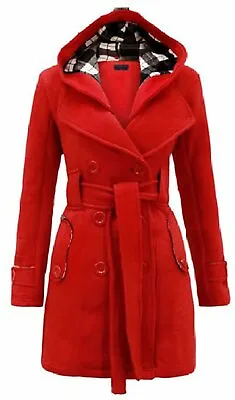Buy Women's Check Hooded Belted Winter Duffle Coat Long Buttoned Fleece Jacket • 19.99£