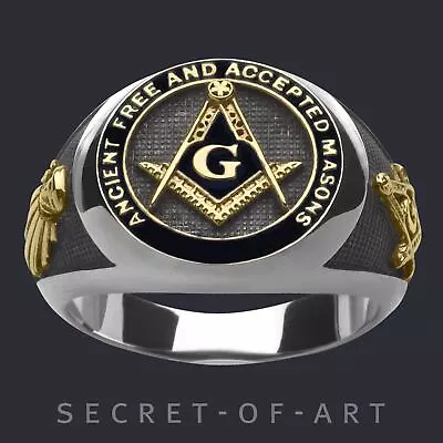 Buy Masonic Ring AF & AM Freemason Masonry Silver 925 24K-Gold Plated, Black Enamel • 153.44£