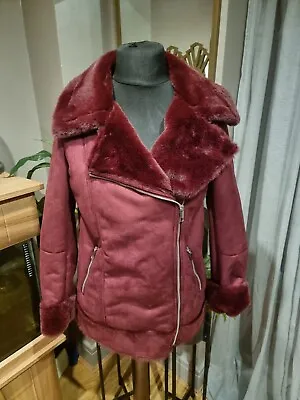 Buy M&S Burgundy Red Shearling Aviator Biker Faux Fur Lined Zip Jacket - Sz 10 - NWT • 15£