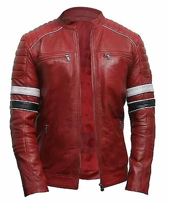 Buy Men's Slim Fit Cafe Racer Striped Biker Style Leather Motorcycle Slim Fit Jacket • 32.99£