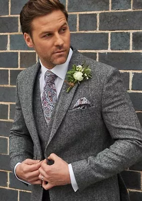 Buy Torre Grey Tweed Suit Wool Wedding Jacket Trousers Waistcoat Slim Fit Formal Men • 40£