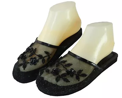 Buy New StarBay Women's Solid Black Color Floral Beaded Mesh Chinese Slippers  • 3.88£