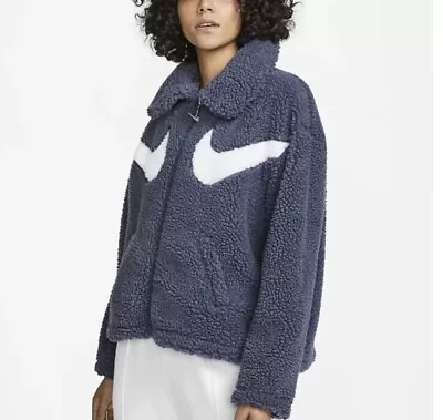 Buy Nike Sherpa Jacket Full Zip Big Swoosh DD5620-437 Thunder Blue Women Sz M NWT • 66.14£
