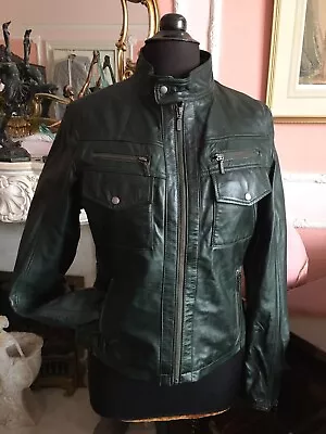Buy Paul Costelloe Dark Green Leather Biker Jacket • 29.99£
