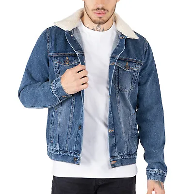 Buy Mens Denim Jacket With Detachable Sherpa Collar Trucker Fur Classic Coat • 19.99£