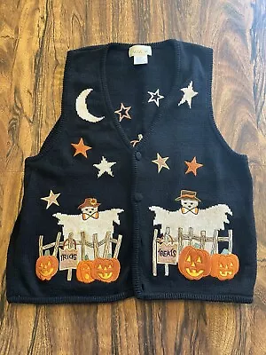 Buy VTG Mandal Bay Sweater Womens XL Black Cardigan Vest Halloween Ghost Pumpkin • 23.58£