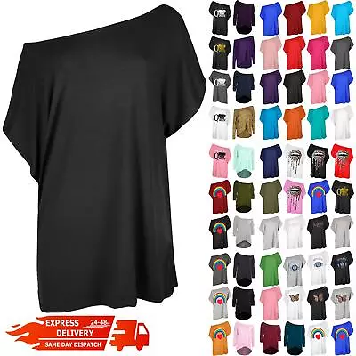 Buy Womens Plain Slash Neck Oversized Baggy Top Ladies Off Shoulder Bardot T Shirt • 3.99£