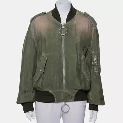 Buy Off-White Green Cupro Washed Out Effect Zipper Front Bomber Jacket M • 928.94£