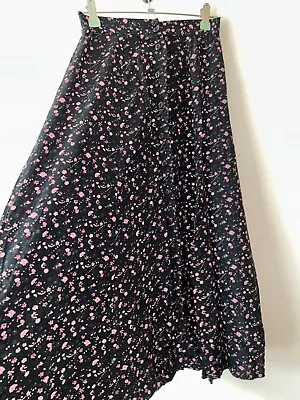 Buy Bohemian Skirt Size 6 Midi Black Floral Button Front Lined Gypsy Boho Retro Peas • 19.99£
