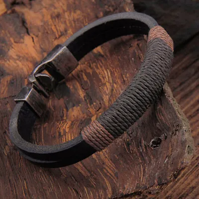Buy Men's Black Brown Vintage Hemp Leather Wrap Wristband Bracelet Bangle Jewelry • 1.91£