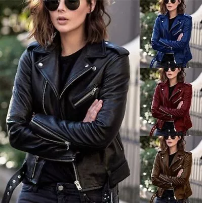 Buy UK Women's Biker Jacket Slim Ladies Faux PU Leather Zip Formal Coat Plus Size • 20.95£