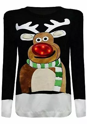 Buy Ladies 3D Rudolph Nose Jumper With LED Flashing Lights Christmas Party Jumper • 18.75£