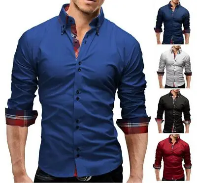 Buy Men's Casual Formal Double Collar Button Slim Fit Shirts Long Sleeve Solid Tops • 21.24£