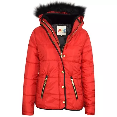 Buy Kids Girls Red Padded Puffer Jacket Bubble Faux Fur Collar Quilted Coats 3-13 Yr • 10.99£