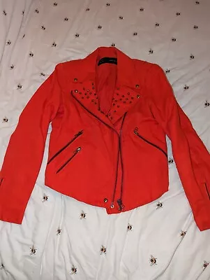 Buy Zara Studded Biker Jacket M 10 Coat Nwot Red Cotton Blend Gift Summer Casual NEW • 24.99£