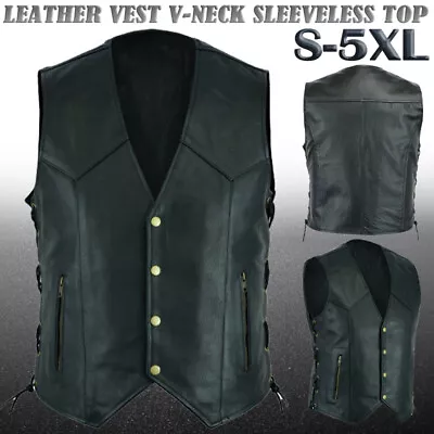 Buy Men Classic Black Leather Leather Plain Waistcoat Motorcycle Biker Vest Fashion • 14.54£