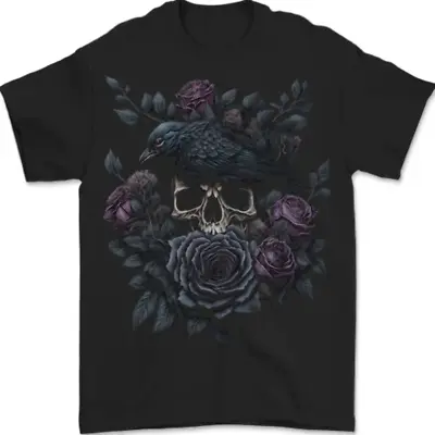 Buy Crow & Skull With Flowers Gothic Goth Raven Mens T-Shirt 100% Cotton • 8.48£