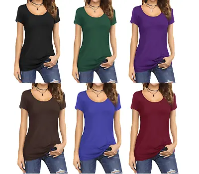 Buy Womens Cap Short Sleeve Round Scoop Neck Plain T-Shirt Fitted Tee Top UK 6 To 24 • 7.99£