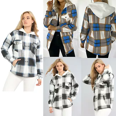 Buy Womens Check Fleece Casual Hooded Jacket Shacket Top Shirt Coat Oversize Baggy • 19.98£