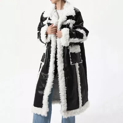 Buy Design Leather Jacket Plush Fur Black And White Coat Women Long Punk Loose Parka • 99.53£