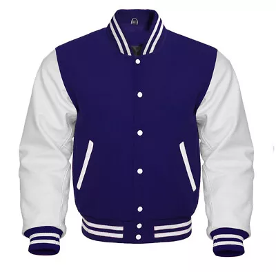 Buy Men Varsity Letterman Baseball Navy Blue Wool & Pure White Leather Sleeve Jacket • 92.82£