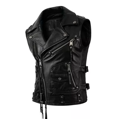 Buy Men Black Motorcycle Vest Biker Genuine Retro Aviator Real Leather Riding Jacket • 84.23£
