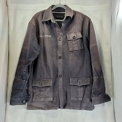 Buy Mens Denim Jacket Size XL Dark Grey Stone Wash Graphic Print Distressed • 9.99£
