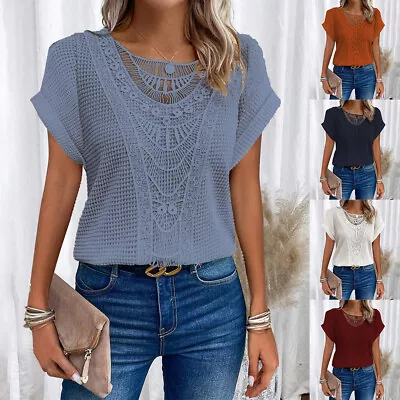 Buy Womens Hollow Out T-Shirt Blouse Ladies Summer Short Sleeve Casual Tunic Tops 14 • 2.89£