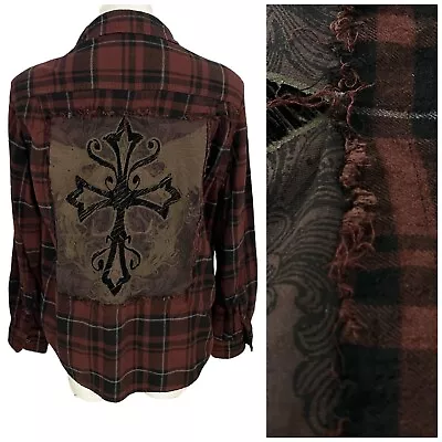 Buy Upcycled Flannel Shirt Womens Large Brown Plaid Rock Biker Country Grunge Camp • 43.20£