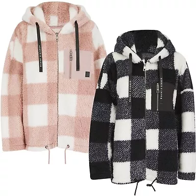 Buy Women's Ladies Short Teddy Fleece Fabric Hooded Jacket Zipped Check Hoodie • 39.95£