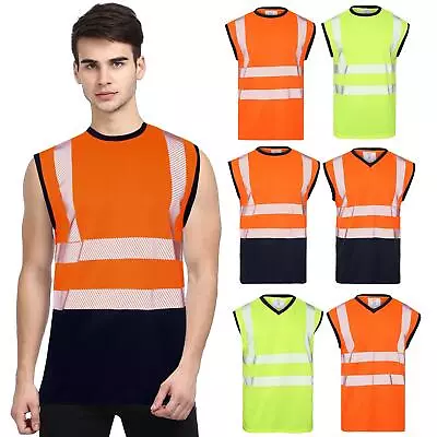Buy Mens Hi Viz Vest High Visibility Sleeveless Top Work Safety Crew V-Neck T Shirts • 13.99£
