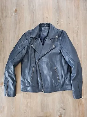 Buy Real Leather Biker Jacket Dark Navy Blue Size M Medium ASOS Vgc  • 57.49£