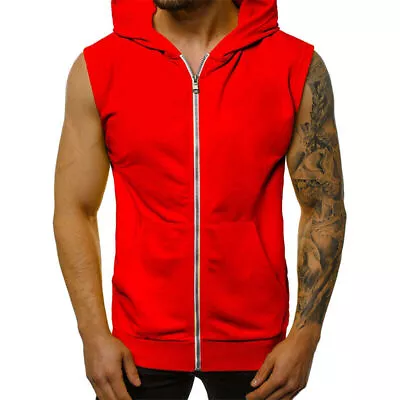 Buy Summer Mens Sleeveless Sweatshirt Hooded Tank Top Plain Bodybuilding Muscle Vest • 9.66£