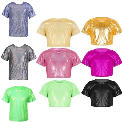 Buy Unisex Kids T-shirts Jazz Street Dance Tops Shiny Metallic Short Sleeve Blouses • 9.02£