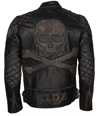Buy Mens Vintage Distressed Skull & Bones Embossed Cafe Racer Leather Biker Jacket • 199.99£