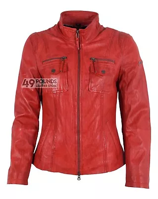 Buy Kelly Red Ladies New Biker Military Style Designer Retro Real Leather Jacket • 49£